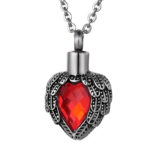COCO Park Cremation Jewelry Stainless steel Angel Wing Heart Urn Pendant with Birthstone Memorial Necklace for Ashes - color: Red