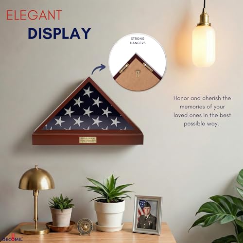 DECOMIL Burial Flag Display Case Personalized, 5x9 Flag Display Stand with Pedestal, Flag Case for Funeral Flag, Solid Wood Cherry Finish, Flag Case with Name Plate