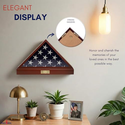 DECOMIL Burial Flag Display Case Personalized, 5x9 Flag Display Stand with Pedestal, Flag Case for Funeral Flag, Solid Wood Cherry Finish, Flag Case with Name Plate