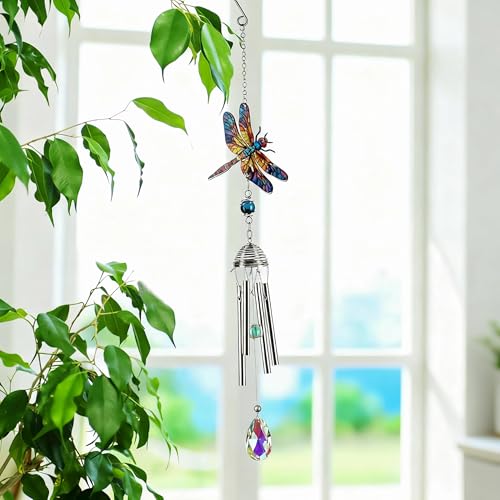 YU FENG Dragonfly Wind Chime with Crystal Suncatcher, Memorial Garden Decor - style: Tranquil Garden – Dragonfly – 21 Inch