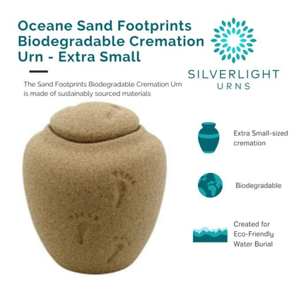 Oceane Sand Footprints Biodegradable Urn for Ashes - Extra Small, Earth Friendly Urn for Ground or Sea Burial, 5 Inches High - size: X-Small
