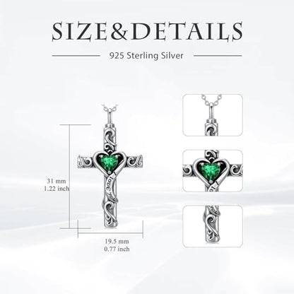 TOUPOP Cross Urn Necklaces for Ashes Birthstone Cremation Jewelry 925 Sterling Silver Cross Memorial Keepsake Jewelry for Women (with Funnel Filler) - color: 05-May-Emerald