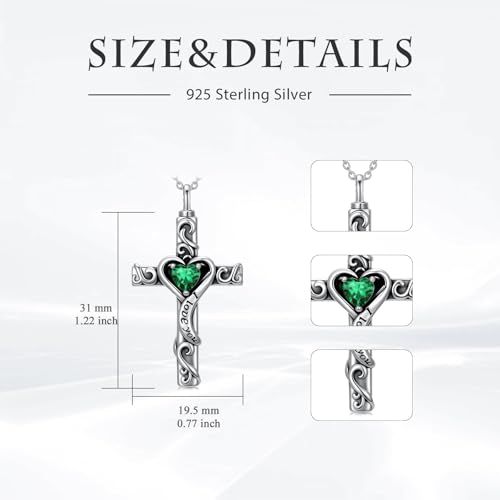 TOUPOP Cross Urn Necklaces for Ashes Birthstone Cremation Jewelry 925 Sterling Silver Cross Memorial Keepsake Jewelry for Women (with Funnel Filler) - color: 05-May-Emerald