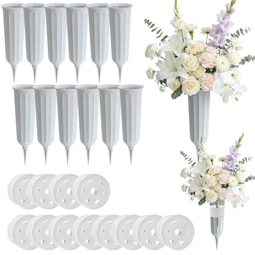 Cemetery Vases for Grave，12 Pack Cemetery Flower Holder with Spikes，Grave Decorations for Cemetery Memorial Plastic Cemetery Floral Vase (12, Gray) - color: Gray