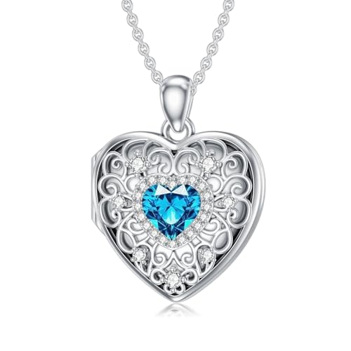 Heart Locket Necklace 925 Sterling Silver Personalized Picture Locket Pendant Birthday Christmas Jewelry Memorial Gifts for Women - color: December Crystal Locket
