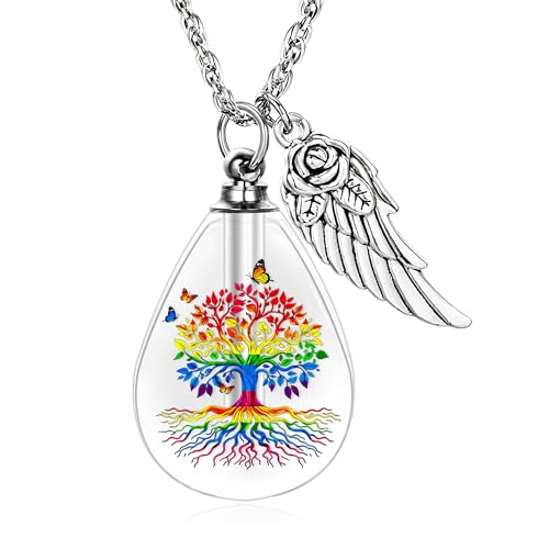 Teardrop Urn Necklace for Ashes, Resin Memorial Pendant with Keepsake | Teardrop Shape, Clear Resin Design, Nature Inspired Artwork, Screw Closure, Holds Ashes, Filling Kit & Box Included - color: Rainbow Tree
