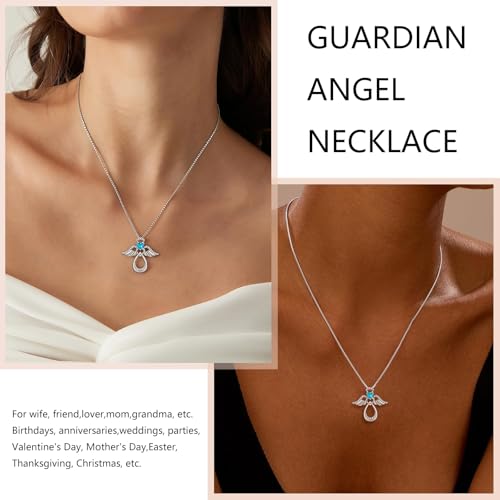 925 Sterling Silver Guardian Angel Pendant Necklace for Women with Birthstone Cubic Zirconia Little Angel Pendant Necklace Jewelry 18 inch Chain - color: 03-Mar-Aquamarine