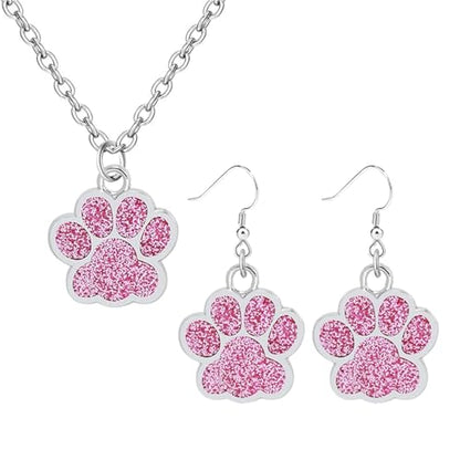 Dreuyet Paw Necklace and Earrings Set for Women Glitter Cute Dog Cat Pet Paw Print Pendant Necklace Earrings Lovely Animal Charm Jewelry Set Gifts - color: Silver Pink