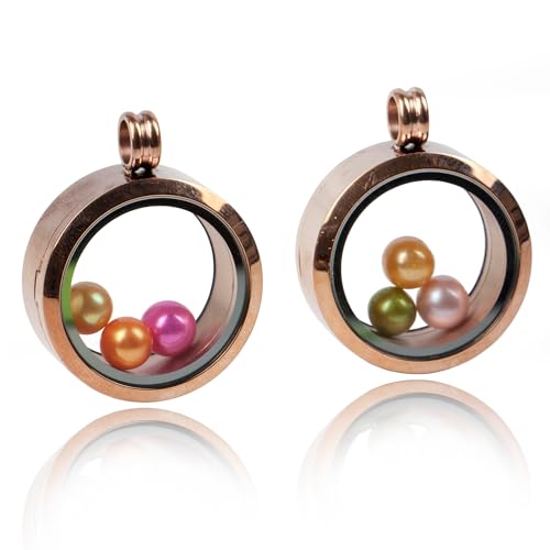 2PCS 30MM Floating Charm Locket Necklace with 6 Freshwater Pearls/Beads,316L Stainless Steel Clear Glass Locket,Small Waterproof Living Memory Pendant for Women(Without Chain) - color: Brown