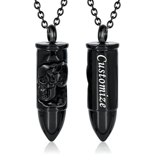 SIYUU Skull Bullet Urn Necklace for Ashes Stainless Steel Punk Cremation Keepsake Jewelry for Men Skeleton Bullet Urn Pendant Necklace Personalized Gothic Skull Bullet Memorial Jewelry - color: Customize