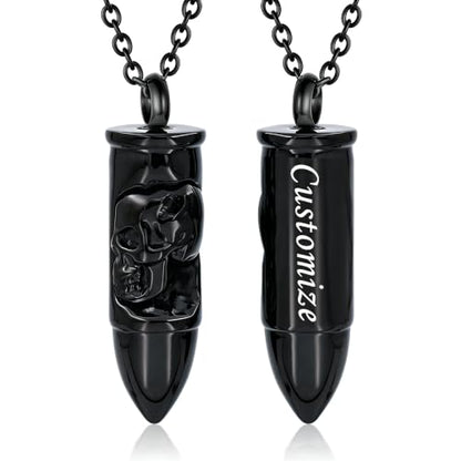 SIYUU Skull Bullet Urn Necklace for Ashes Stainless Steel Punk Cremation Keepsake Jewelry for Men Skeleton Bullet Urn Pendant Necklace Personalized Gothic Skull Bullet Memorial Jewelry - color: Customize