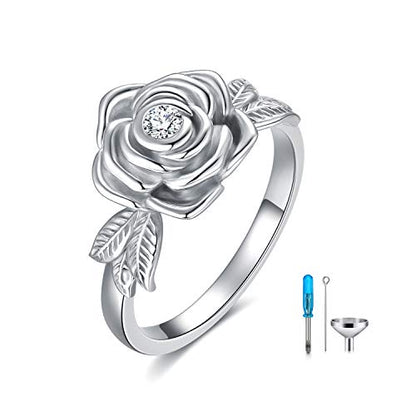 925 Sterling Silver Rose Flower Cremation Urn Ring Holds Loved Ones Ashes Cremation Keepsake Ring Jewelry Embellished with Crystals from Austria - color: Silver