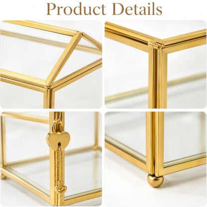 Glass Wedding Card Box with Slot and Lock, Gold Card Box 12.6" | Clear Brass Frame Card Box for Wedding Reception, Decorative Storage Box for Baby Shower, Birthday Party, Bridal Shower - size: 12.6" Gold without Arch