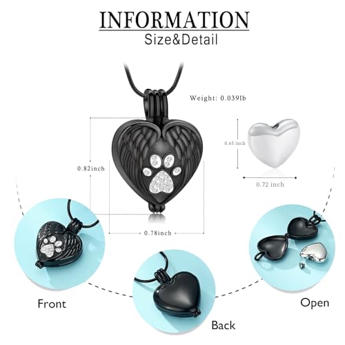 zeqingjw Pet Cremation Jewelry for Ashes Pendant Paw Print Pet Heart Urn Necklace Memorial Keepsake Jewelry for Pet/Dog's/Cat's Ashes - color: Wing Heart-Black