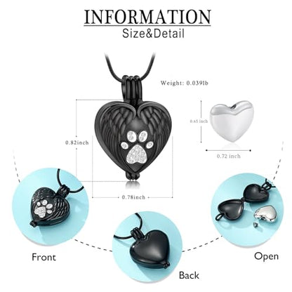 zeqingjw Pet Cremation Jewelry for Ashes Pendant Paw Print Pet Heart Urn Necklace Memorial Keepsake Jewelry for Pet/Dog's/Cat's Ashes - color: Wing Heart-Black