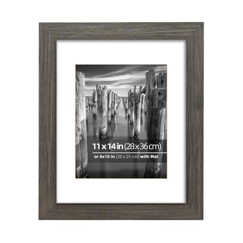 11x14 inch Wire Brushed Rustic Wood Picture Frame, Multiple Display Option, Real Glass Cover, with Mat 8 x10 inch, Distressed Weathered Furrowed Grain, Greyish Brown - color: Greyish Brown, size: 11x14 in Matted to 8x10 in