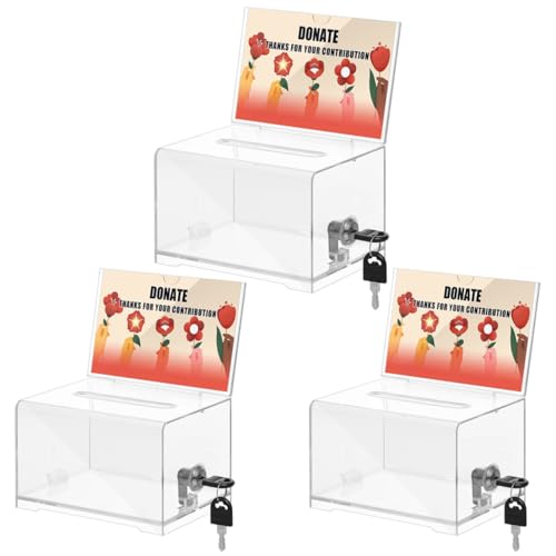 KYODOLED Clear Donation Box With Lock, Acrylic Raffle Box & Tip Jar, 3 Pack - color: Clear-PS-3P, size: 6.2 x 4.6 x 4 inch