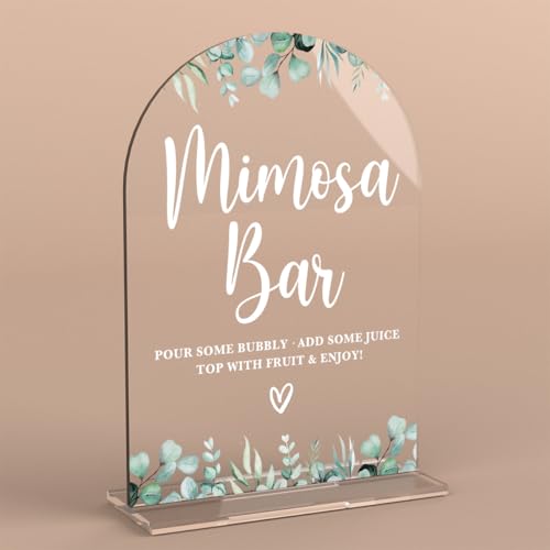 Acrylic Wedding Signs, Bridal Shower Decorations, Mimosa Bar Signs for Reception, Modern Calligraphy Arch Acrylic Table Top Sign for Wedding Reception and Engagement Parties (Clear Eucalyptus Leaves) - color: Mimosa Bar