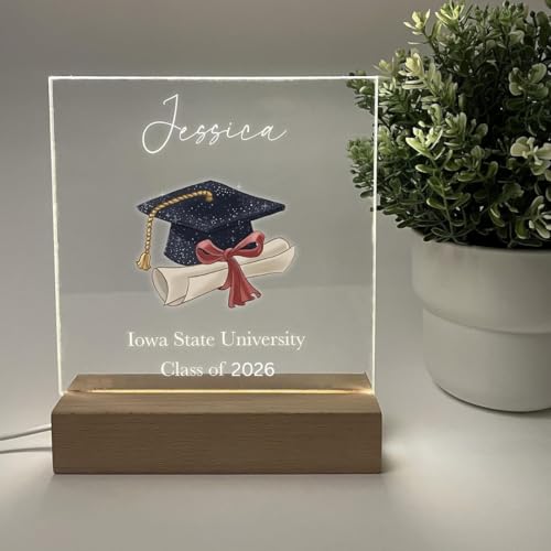 Let's Make Memories Personalized Graduation Frame Celebrate Class Customize Name & Year Night Light Lamp Wood Base LED Desk Stand Plaque Plate Display Graduating High School University Graduate Gift