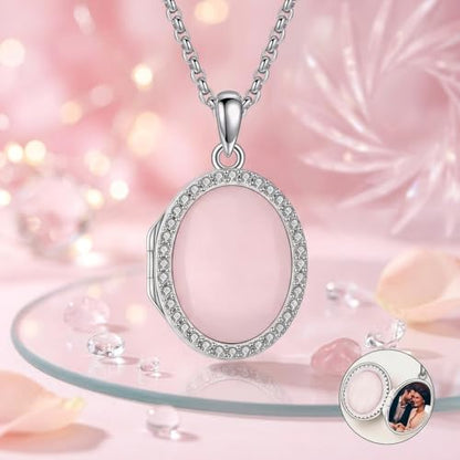 ONEFINITY Locket Necklace Photo Necklace Memorial Jewelry Gifts for Women Mom Wife - color: Rose Quartz