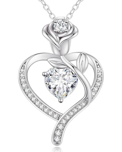 925 Sterling Silver Rose Love Heart Birthstone Necklaces for Women Jewelry | Hypoallergenic Nickel-Free & Lead-Free Pendant,Birthday Anniversary Christmas Gift for Women Wife Mom Girlfriend - color: White Gold-04-Apr
