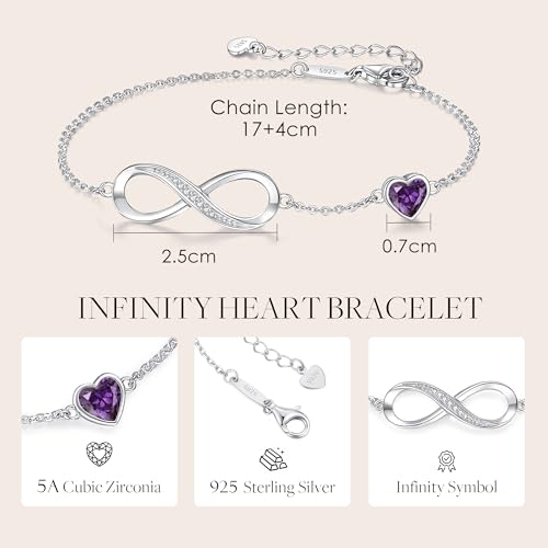 CDE 925 Sterling Silver Infinity Birthstone Bracelet Jewelry Gift for Women | Hypoallergenic,Non Tarnish,Heart CZ,Nickel-Free & Lead-Free,Anniversary Christmas Birthday Idea Gifts for Wife Girlfriend Her - color: 02-Feb.