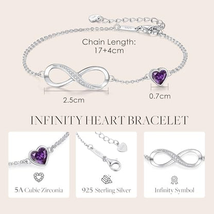 CDE 925 Sterling Silver Infinity Birthstone Bracelet Jewelry Gift for Women | Hypoallergenic,Non Tarnish,Heart CZ,Nickel-Free & Lead-Free,Anniversary Christmas Birthday Idea Gifts for Wife Girlfriend Her - color: 02-Feb.