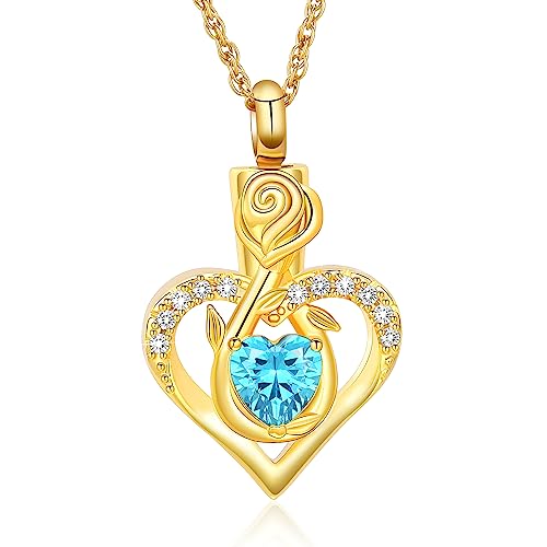 Roseflower Cremation Jewelry Heart Urn Necklace for Ashes for Women Gilrs Memorial Keepsake Birthstone Pendant Necklaces for Ashes of Loved Ones - color: Golden-blue