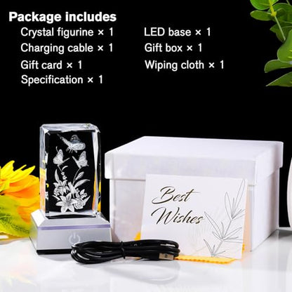 YWHL 3D Crystal Butterfly Gifts for Women, Laser Engraved Butterfly and Lily Flower Figurines with Light Base for Butterfly Lovers Nature Lovers, Gifts for Birthday Christmas - color: Butterfly and Lily Flower