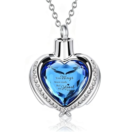 Angel Wing Heart Crystal Cremation Necklace - Stainless Steel Keepsake Pendant for Ashes, Cubic Zirconia Crystal Heart Shaped Urn Necklace for Loved Ones - color: Silver-Dark Blue