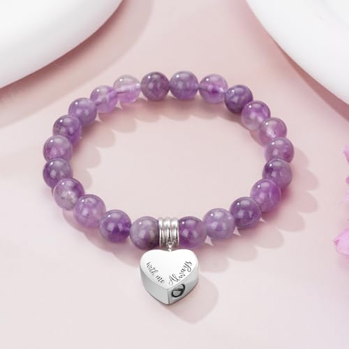 abooxiu Cremation Jewelry Urn Bracelet for Ashes Memorial Heart Ashes Keepsake Cremation Ash Bracelets Urn Jewelry for Ashes of Loved Ones for Women - With Me Always - style: Engraved - Amethyst