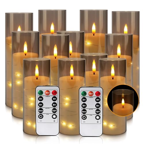 12-Pack Gray Acrylic Flameless LED Candles with Embedded String Lights - Remote Control for Holiday & Home Decor,Wedding. - color: Grey light string-12