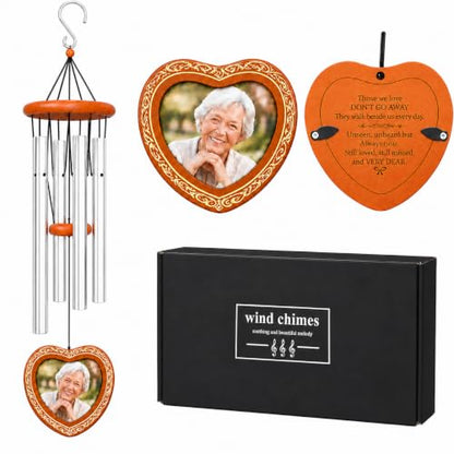 34 Inch Memorial Wind Chimes for Outside, Wooden Photo Frame Heart Pendant - color: Silver