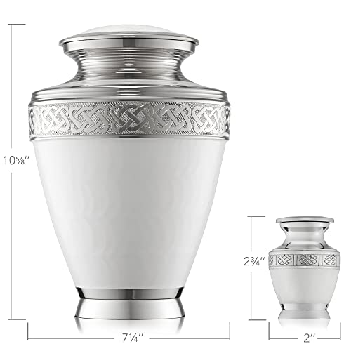 Reminded Set of 5 Etched Celtic Cremation Urns for Human Ashes - 1 Brass Adult + 4 Keepsake, White - color: White