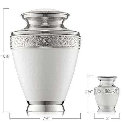 Reminded Set of 5 Etched Celtic Cremation Urns for Human Ashes - 1 Brass Adult + 4 Keepsake, White - color: White