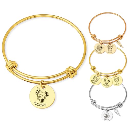 Anavia 1/2/3/4 Disc Pet Portrait Bangle Bracelet, Personalized Pet Memorial Expandable Charm Bracelet Jewelry Gift, Customized Round Disc Photo Engraved Dog Cat Bracelet for Animal Lovers - color: Gold, size: Large - 1 Disc