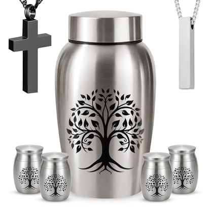 Stainless Steel Silver Urn for Ashes Male & Female, Cremation urns for Human Ashes Man & Women, Set of 7 Includes 1 Large Urn, 4 Keepsakes & 1 Silver & Black Cross Necklace- Tree of Life - color: Stainless Steel Tree of Life Urn - Strandard Set