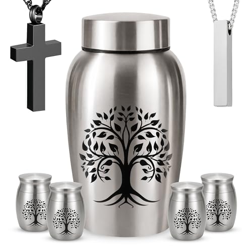 Stainless Steel Silver Urn for Ashes Male & Female, Cremation urns for Human Ashes Man & Women, Set of 7 Includes 1 Large Urn, 4 Keepsakes & 1 Silver & Black Cross Necklace- Tree of Life - color: Stainless Steel Tree of Life Urn - Strandard Set