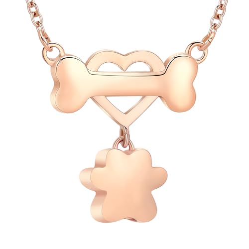 constantlife Paw Print & Bone Pendant Urn Necklace for Pet Ashes | Mini cremation jewelry, stainless steel material, for women men dog lovers, waterproof, with a filling tool kit - color: Rose gold