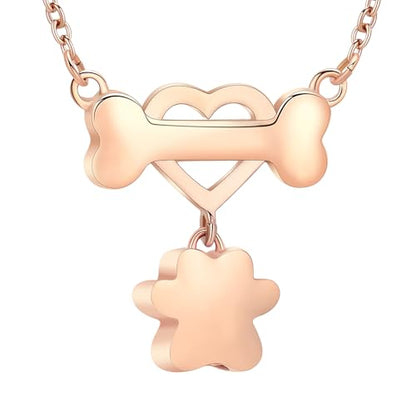 constantlife Paw Print & Bone Pendant Urn Necklace for Pet Ashes | Mini cremation jewelry, stainless steel material, for women men dog lovers, waterproof, with a filling tool kit - color: Rose gold