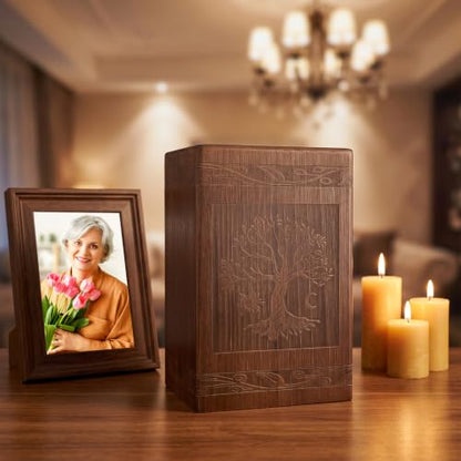 Wooden Cremation Urn with Satin Bag for Burial | Tree of Life Decorative Funeral Memorial Urns Box for Human Ashes Men Women Child or Pet Cat Dog, (222 Cubic Inch)