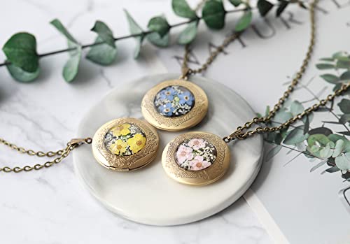 Handmade Oval Shaped Photo Locket with dried Pressed Flowers Locket pendant Necklace - style: Round Pink Forget Me Not