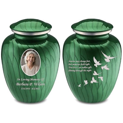 Geturns Embrace Adult Personalized Doves Cremation Urns for Human Ashes I Large Picture Pearl Green Funeral Urn for Adult Men and Women with Double Side Engraving I 200 lbs - color: _Pearl Green (Double Sided)