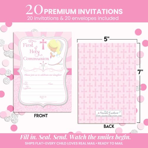 First Holy Communion Religious Party Invitations for Girls (Light Skin, Blond Hair), 20 5x7 Fill In Cards with Twenty White Envelopes by AmandaCreation - style: Light Skin, Blond Hair Girl