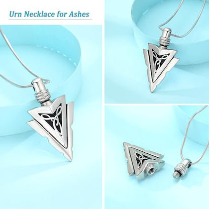 Arrow Head Urn Necklace for Ashes Cremation Jewelry Stainless Steel Arrowhead Pendant Memorial Necklaces Ash Holder Keepsake Jewelry for Loved Ones with Fill Tool - color: Silver
