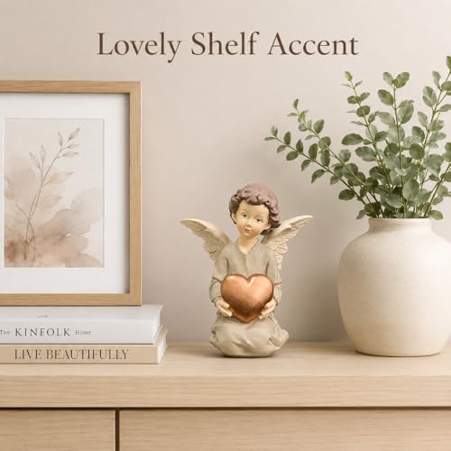 Guardian Angel Figurine Holding Gold Heart | Painted Resin Keepsake For Mom, Daughter, Sister, Friend, Shelves, Desks, Nightstands And Comfort Gifts - size: 5.12"H