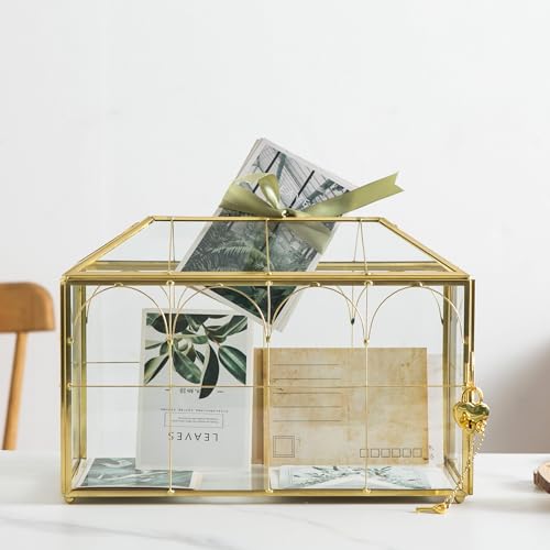 Glass Wedding Card Box with Slot, 12.5'' Large Clear Card Box Gold Brass Gift Card Storage Box with Lock Perfect for Wedding Receptions, Baby Shower, Birthday Party, Bridal Shower - color: B-Gold Card Box 12.6''