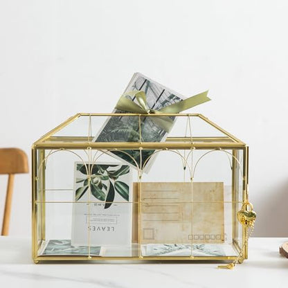 Glass Wedding Card Box with Slot, 12.5'' Large Clear Card Box Gold Brass Gift Card Storage Box with Lock Perfect for Wedding Receptions, Baby Shower, Birthday Party, Bridal Shower - color: B-Gold Card Box 12.6''