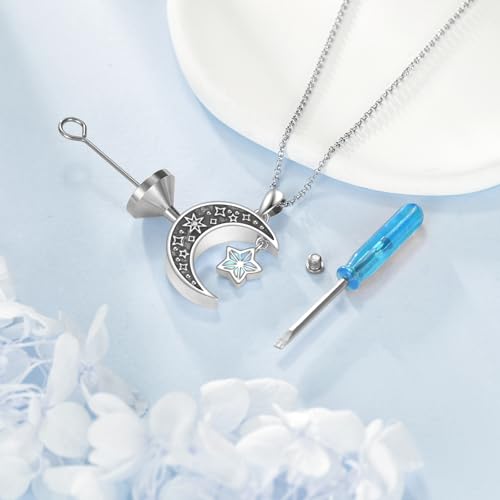 925 Sterling Silver Urn Necklace for Ashes, Teardrop/Tree of Life/Sunflower/Dragonfly/Sea Turtle/Celtic Knot/Elephant/Hummingbird Memorial Cremation Pendant Necklaces for Animal Human Ashes - color: L: Moon Star