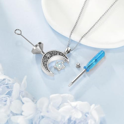925 Sterling Silver Urn Necklace for Ashes, Teardrop/Tree of Life/Sunflower/Dragonfly/Sea Turtle/Celtic Knot/Elephant/Hummingbird Memorial Cremation Pendant Necklaces for Animal Human Ashes - color: L: Moon Star